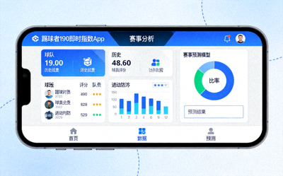 踢球者190即时指数App赛事分析功能展示，显示球队数据对比和赛事预测模型